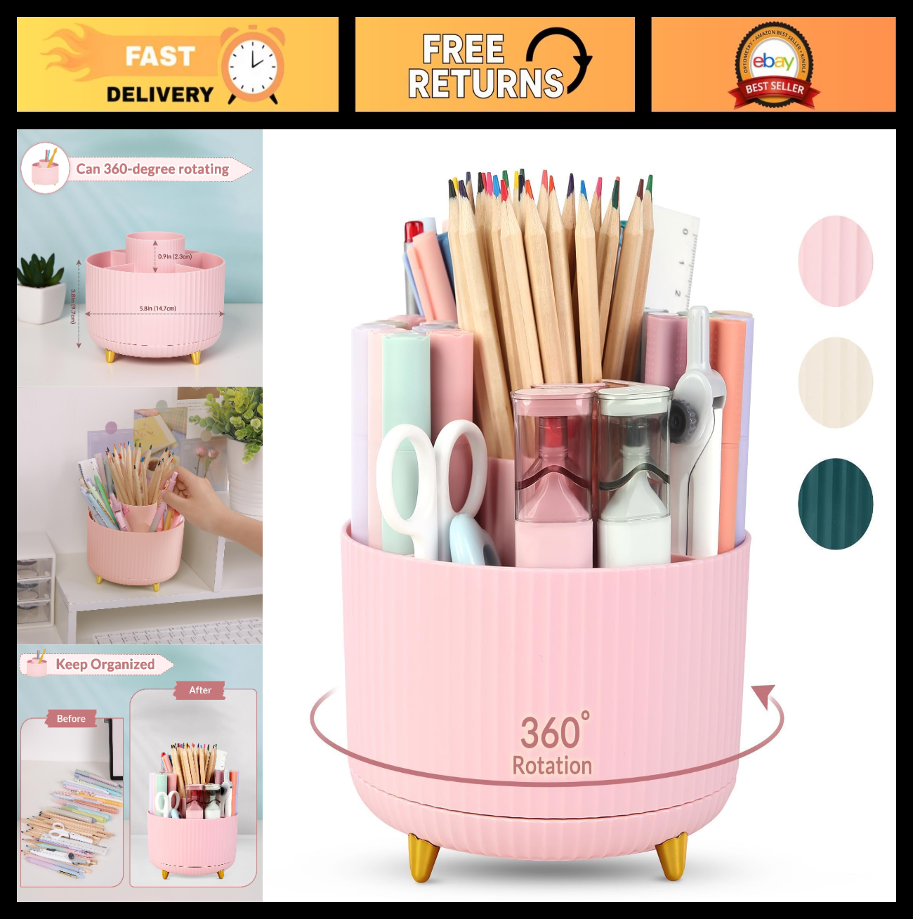 360° Rotating Multipurpose Organizer   Cute Pen Holder with 5 Slots for Art, Off0