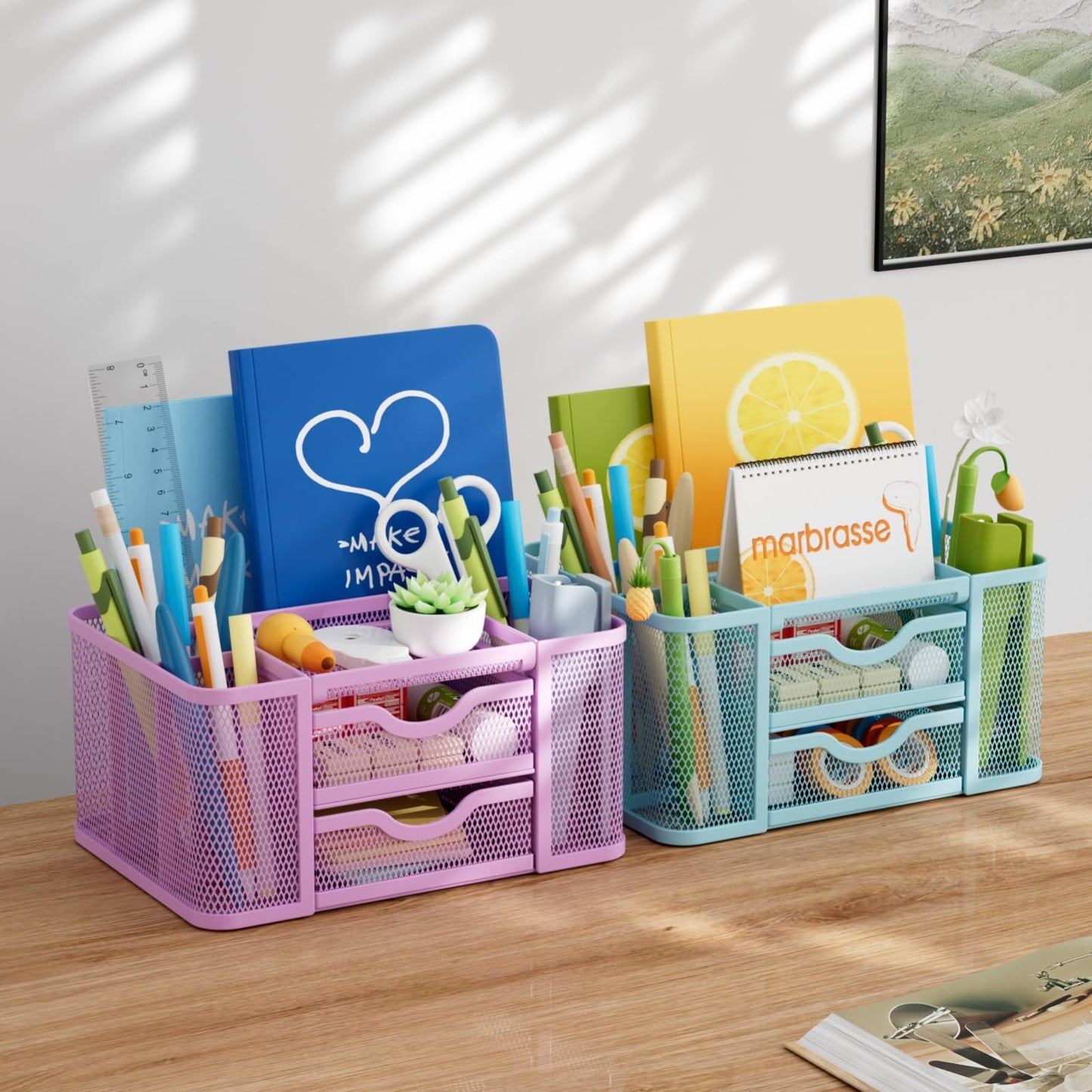 Multi Functional Mesh Desk Organizer with 2 Drawers, 5 Compartments, Purple4