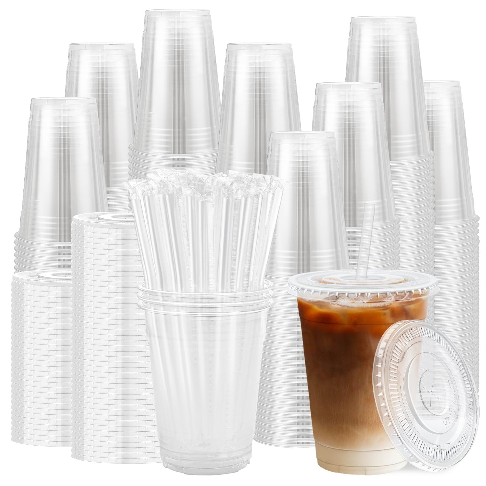 500 Pack 16 oz Clear Plastic Cups with Lids & Straws | Disposable Cold Drink Cup1