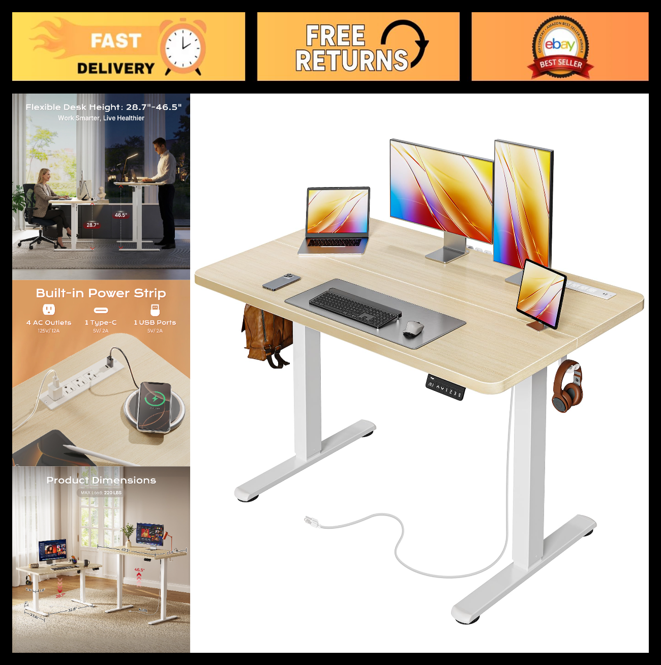 Height Adjustable Electric Standing Desk with USB-C & Power Outlets, 47x24" Th0