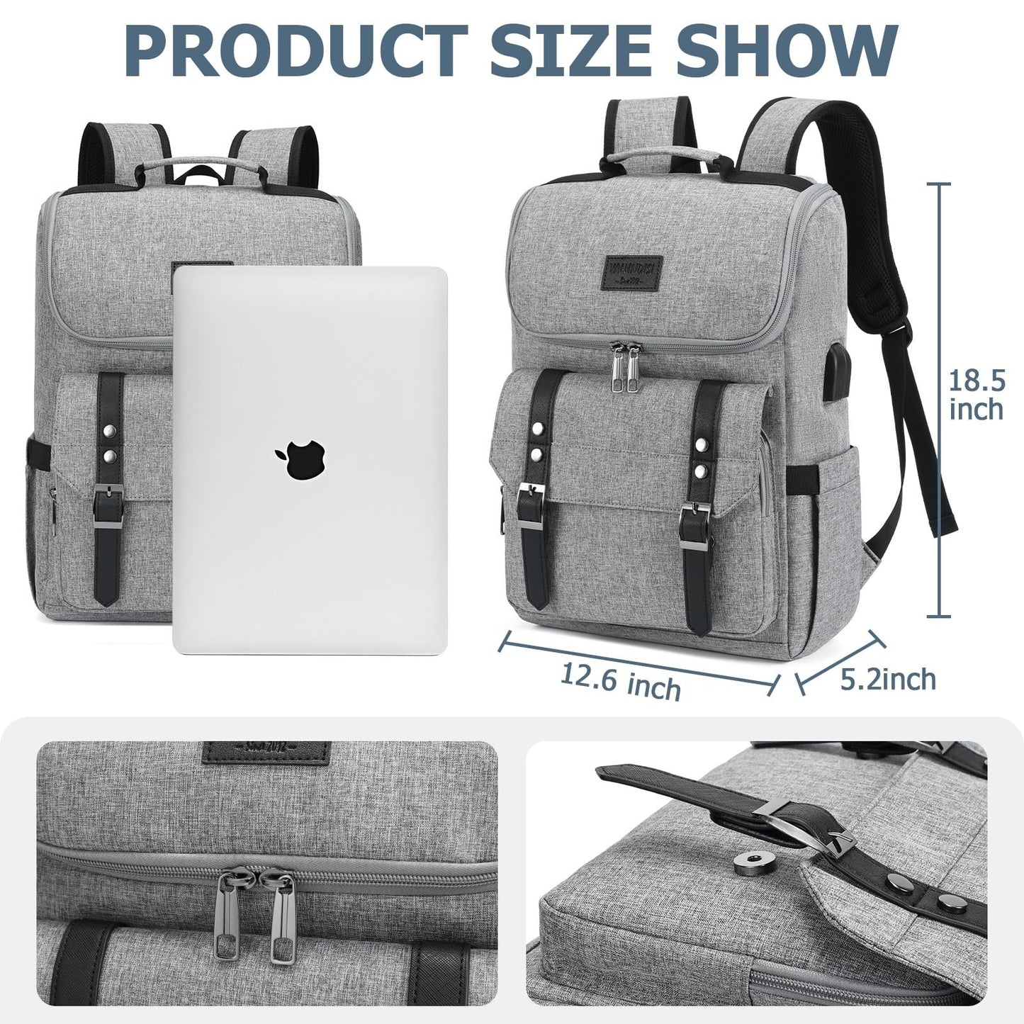 Vintage Laptop Backpack with USB Charging Port for Travel, College, Fits 15.6" -4