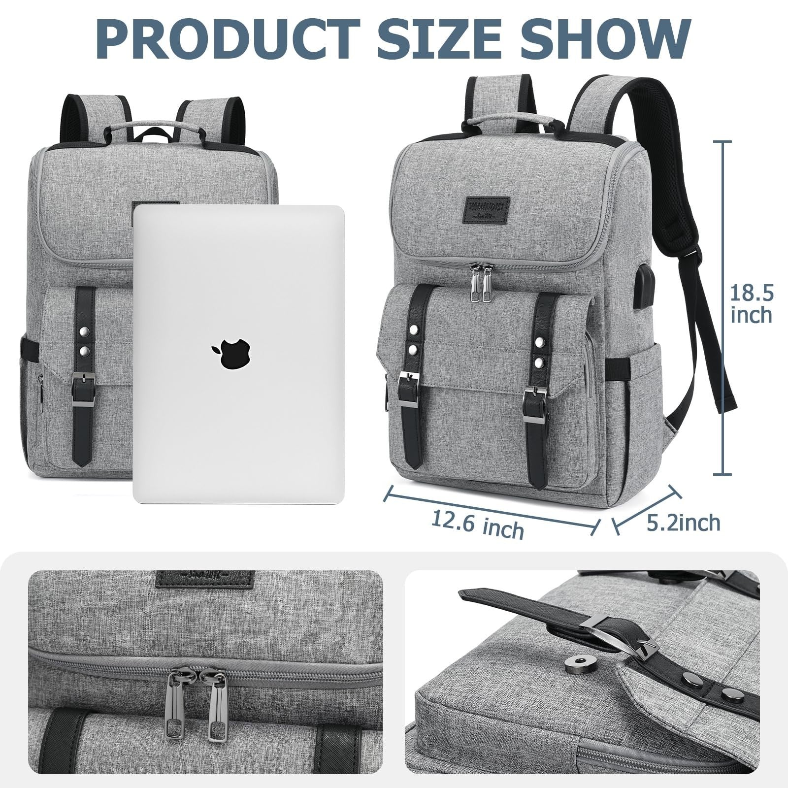 Vintage Laptop Backpack with USB Charging Port for Travel, College, Fits 15.6" -4