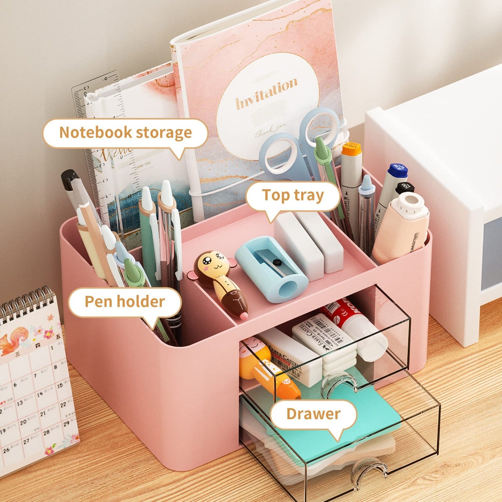 Multi Functional Desk Organizer with 2 Drawers, 5 Compartments for Art Supplies2