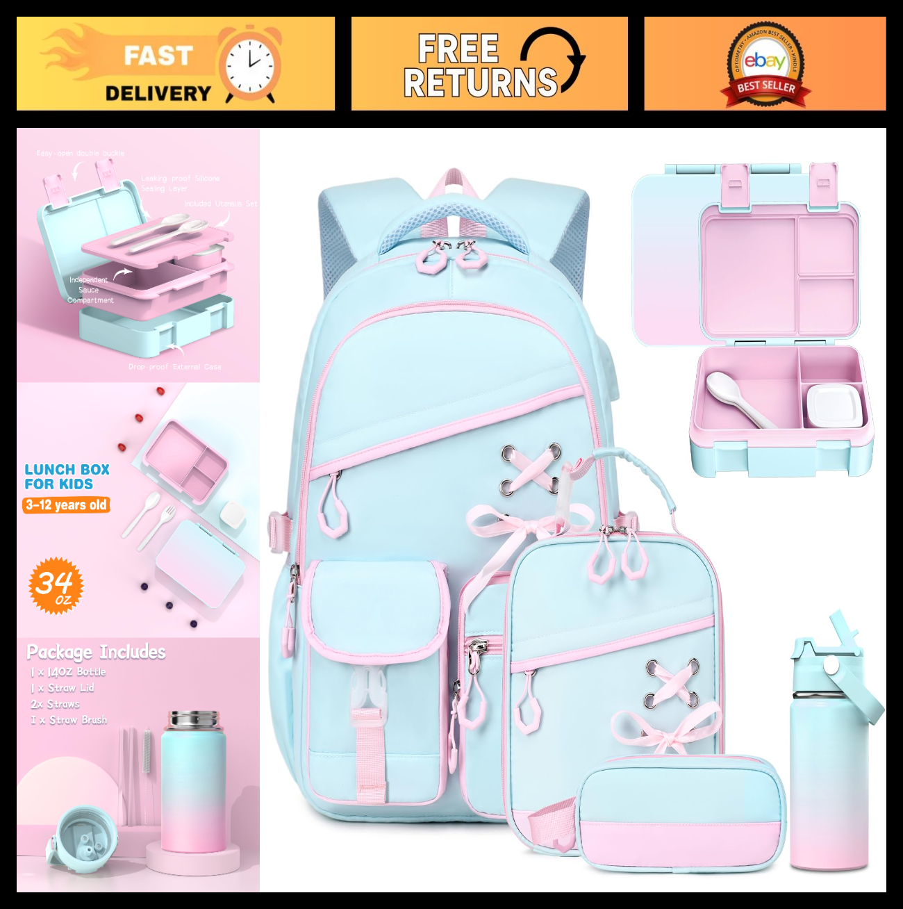 Girls Backpack Set   9PCS with Lunch Bag, Pencil Case, Bento Box & Water Bottle0