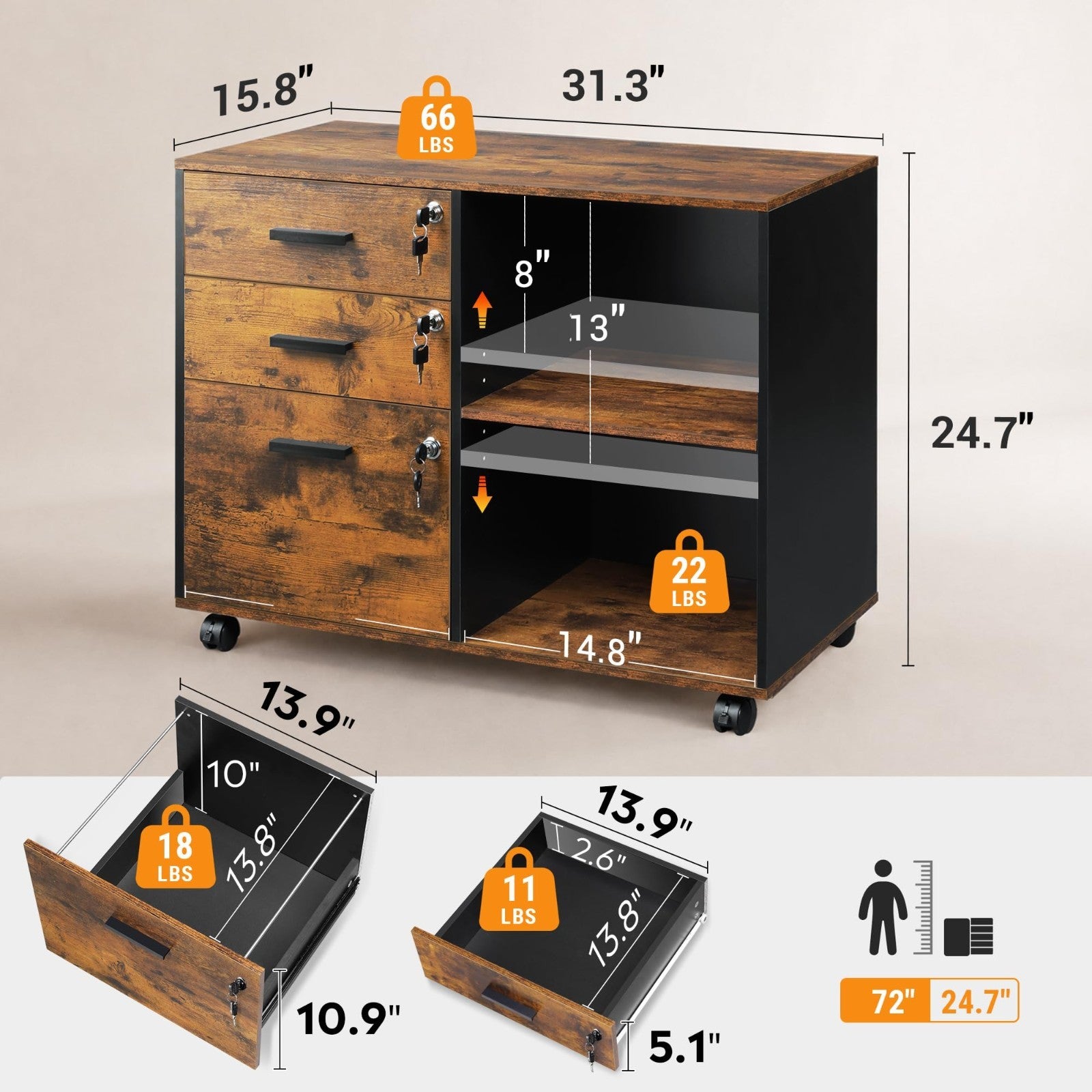 3 Drawer Locking File Cabinet, Rustic Wood Office Storage, Rolling Printer Stand2