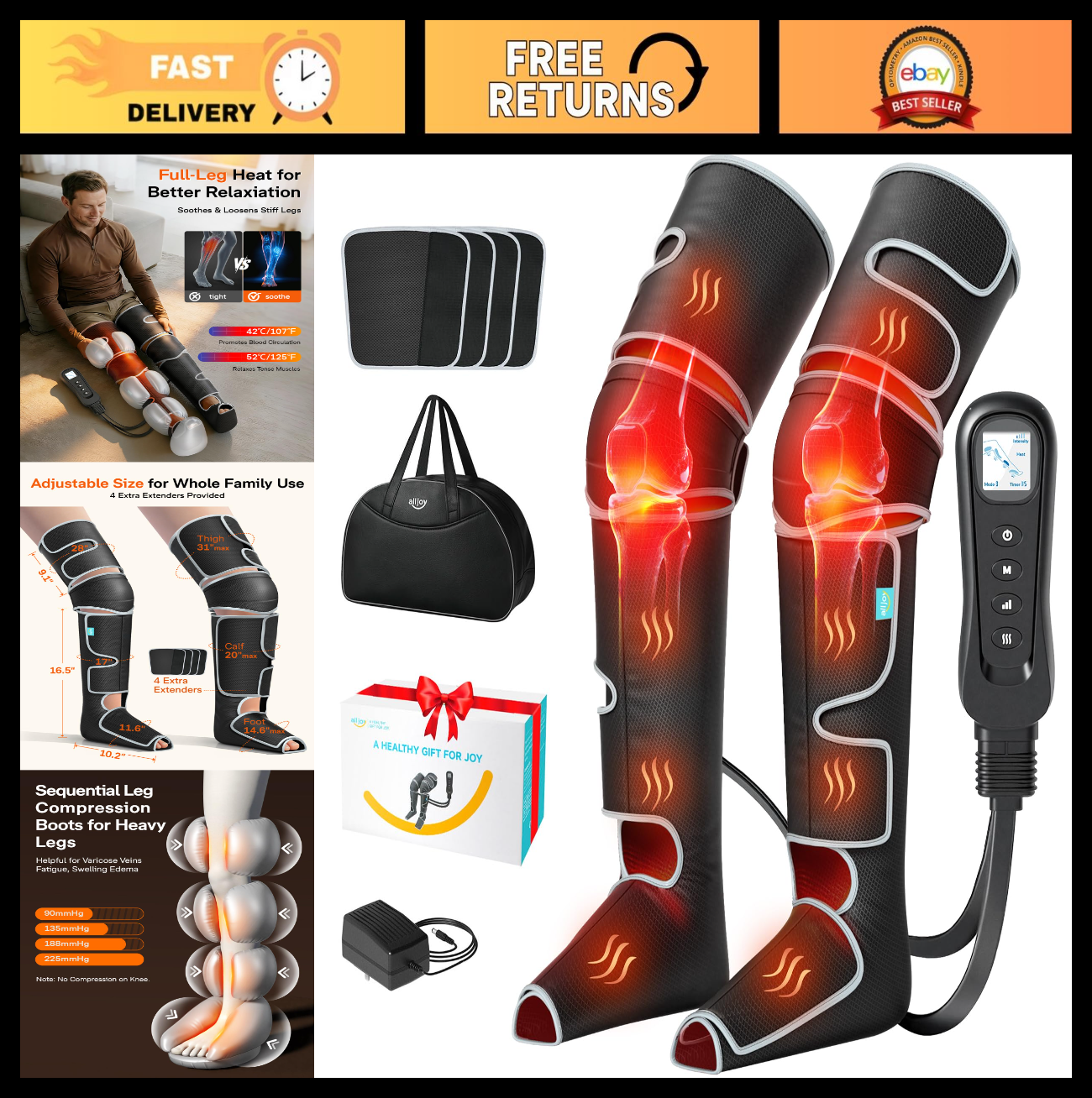 Leg Massager for Circulation & Pain Relief - Heat, Compression, 5 Modes, Gift Id0