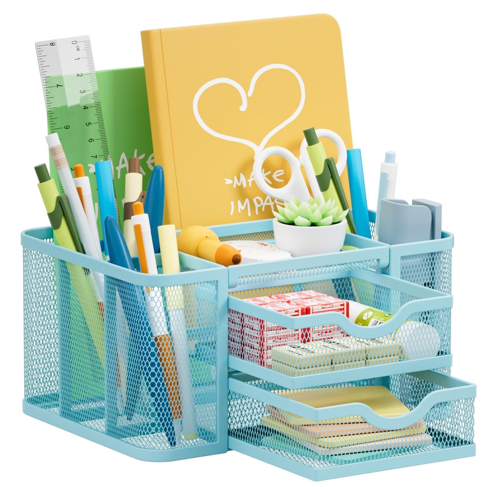 Multi Functional Mesh Desk Organizer with 2 Drawers, 5 Compartments, Blue1