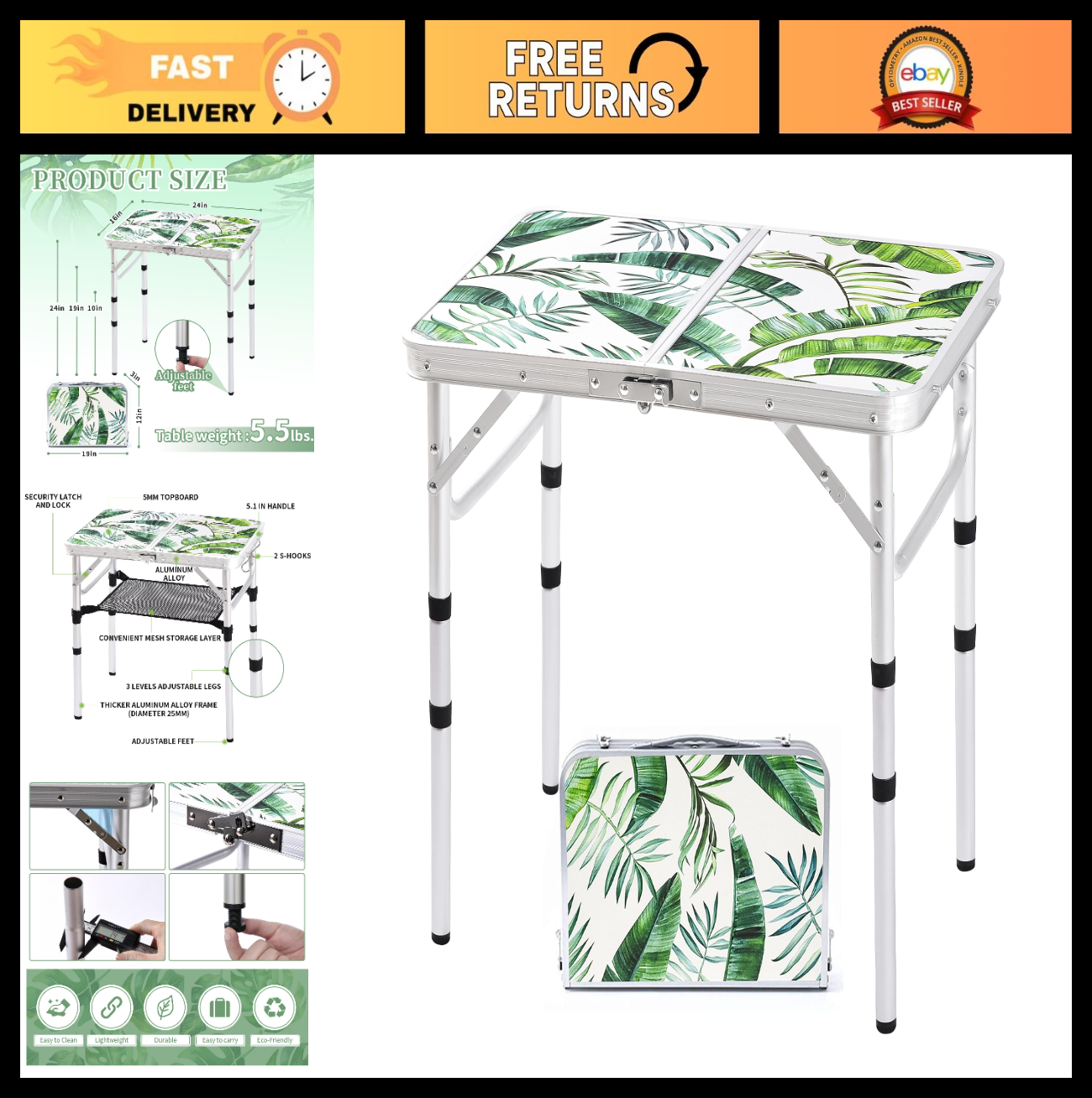 Portable Folding Camping Table - 2ft Adjustable Height Picnic Table, Lightweight0