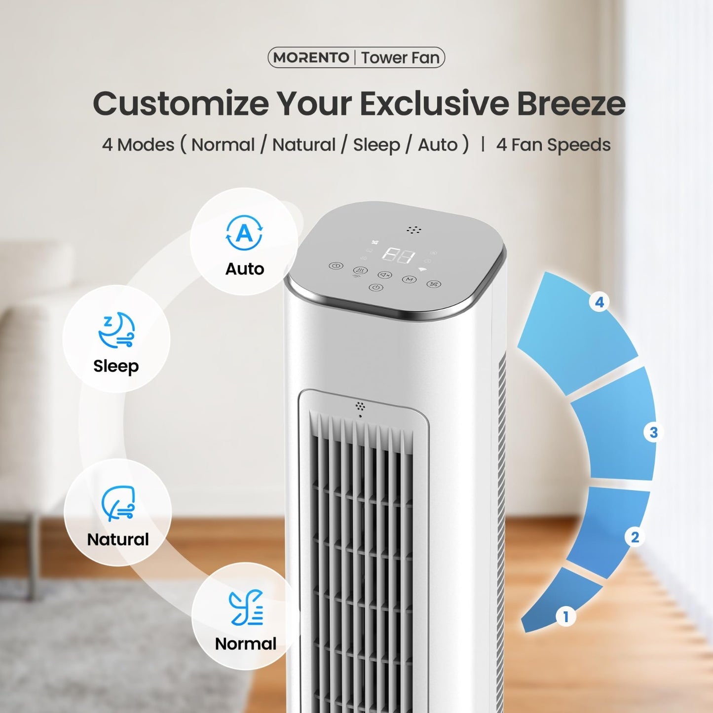 43" Smart Tower Fan   90° Oscillation, 12H Timer, 4 Modes & Speeds, Quiet 28dB,3