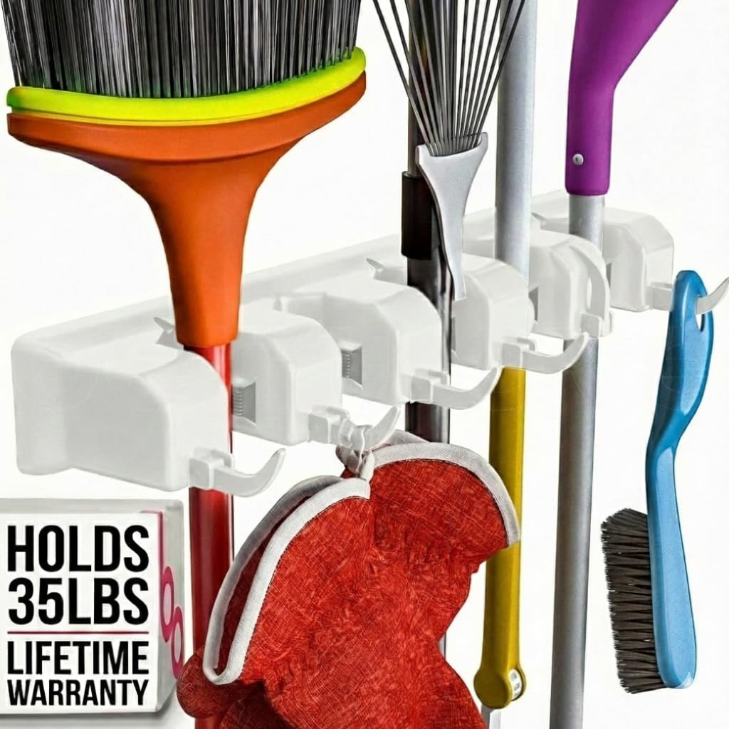 Wall Mount Broom Holder & Mop Organizer - 5 Slots, 6 Hooks for Garage, Kitchen,1