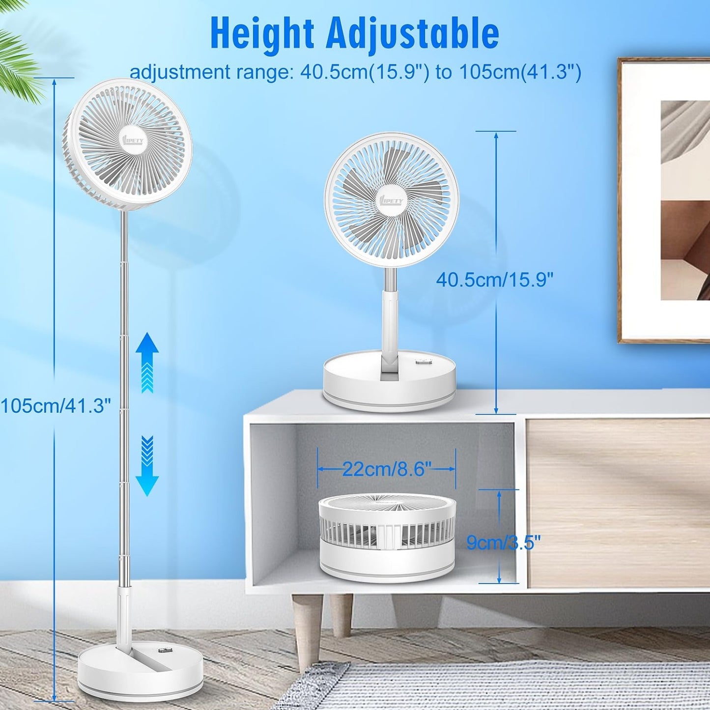 Portable Rechargeable 8.6" Oscillating Fan   USB C Battery Operated, Quiet, Fold4