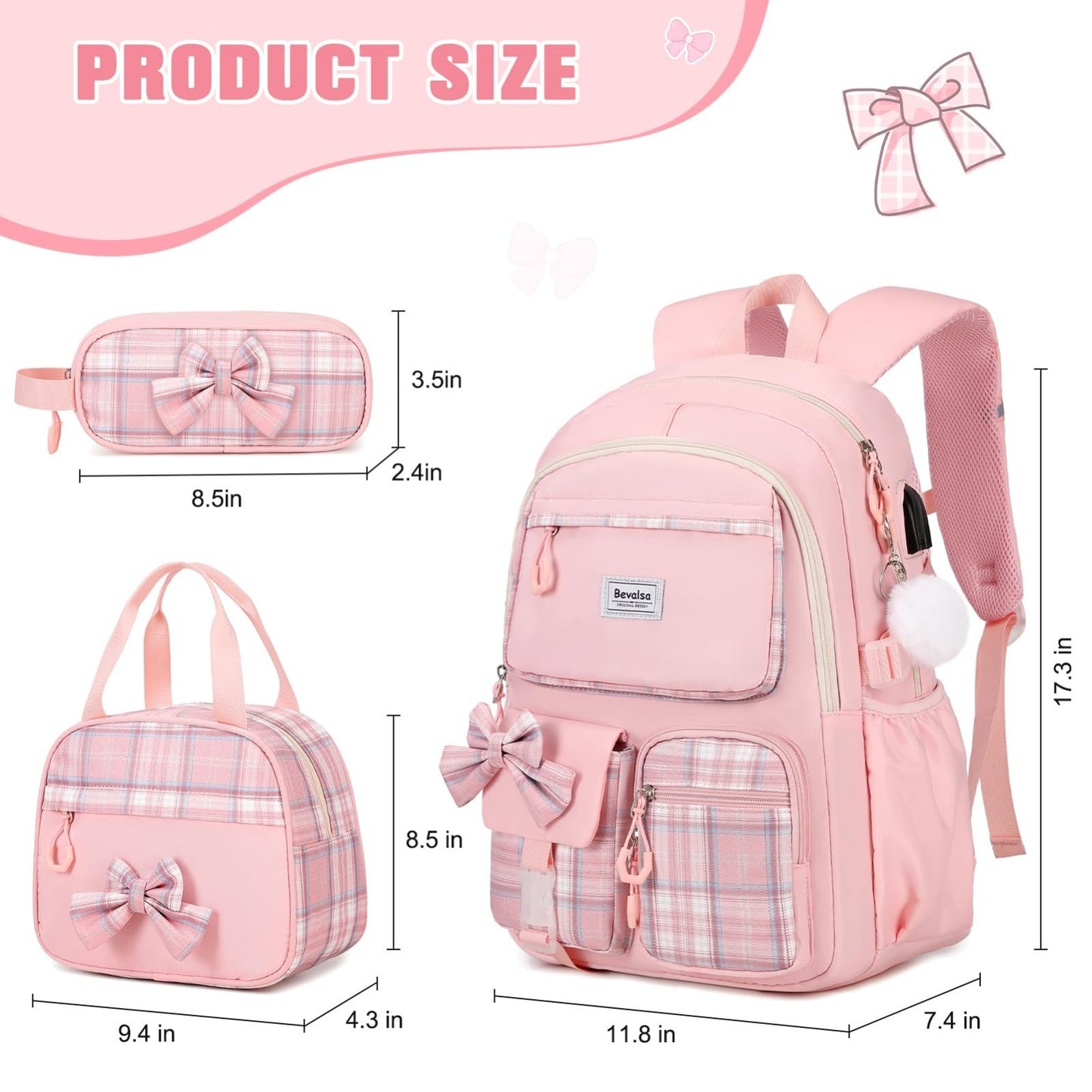 Cute Bow Backpack for Girls, School Bag Set with Lunch Bag & Pencil Case2