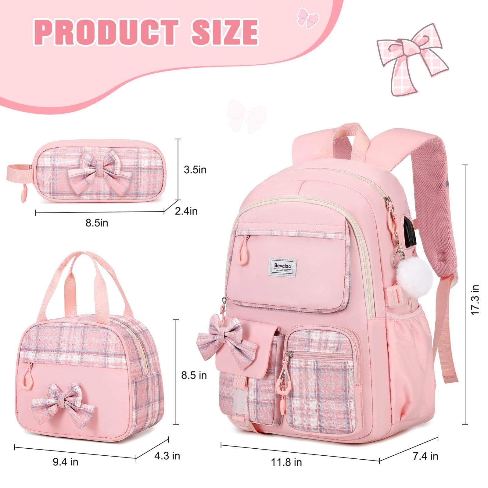 Cute Bow Backpack for Girls, School Bag Set with Lunch Bag & Pencil Case2