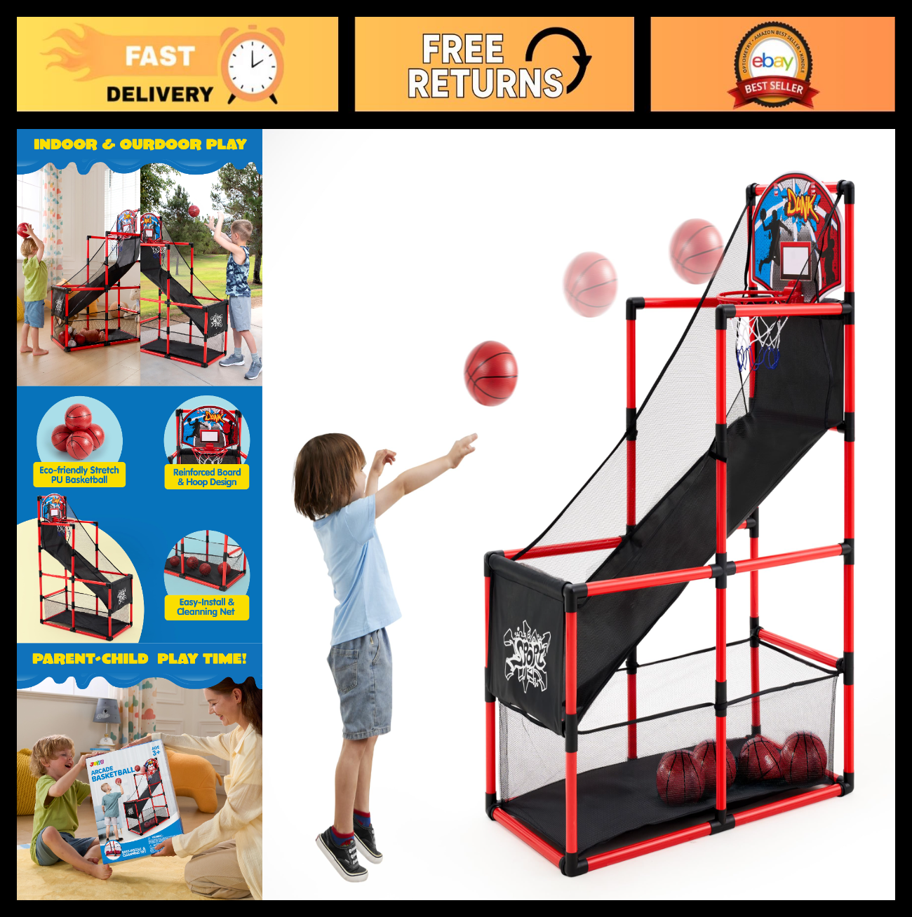 Indoor Arcade Basketball Game Set for Kids 3+, Easy Setup Sports Toy with 4 Ball0