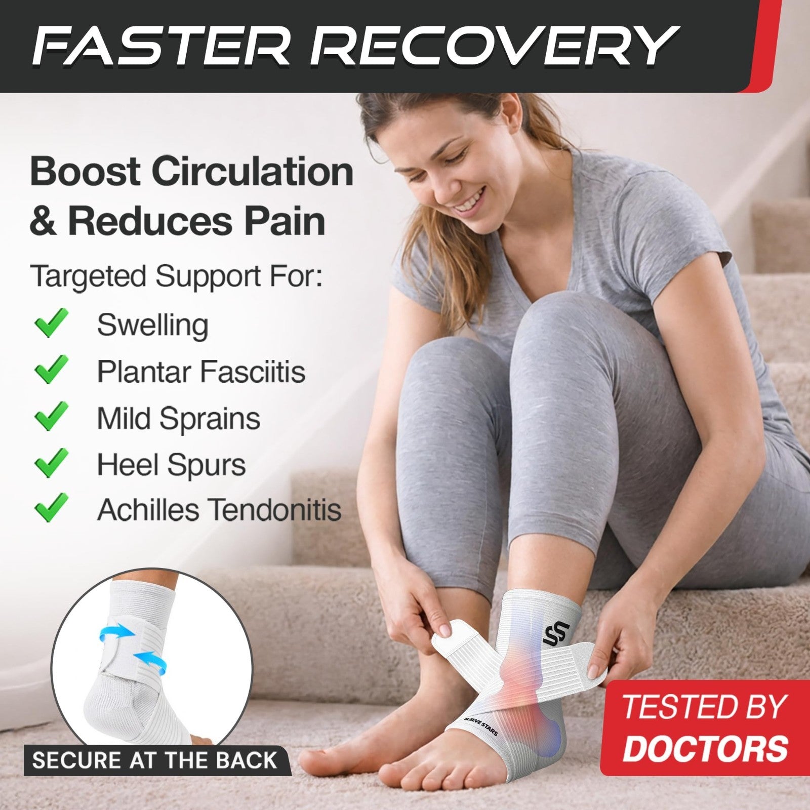 Ankle Brace Compression Sleeve for Sprains & Plantar Fasciitis Relief   Adjustab1