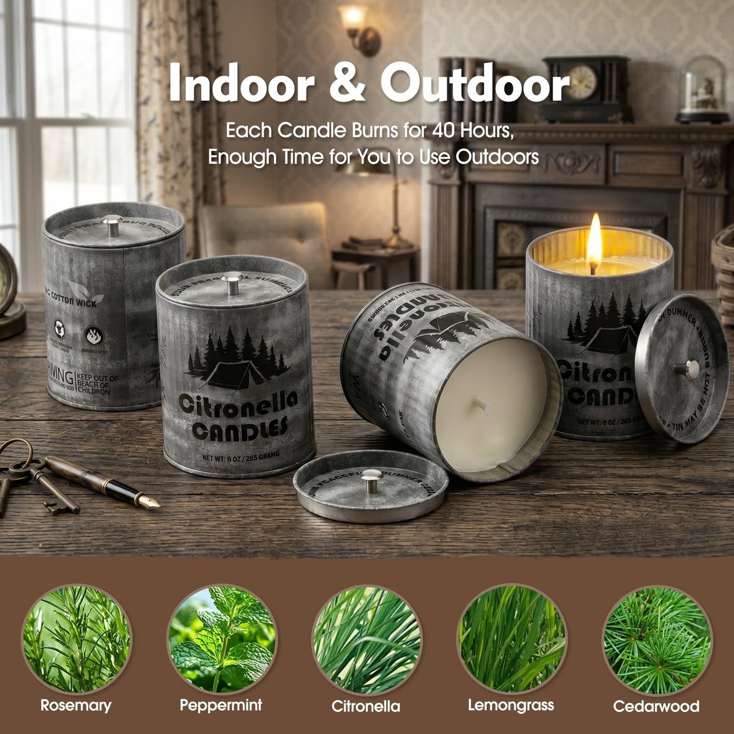 Set of 4 Citronella Candles, 9oz Each, Long-Lasting 40+ Hours, Smokeless Soy Wax4