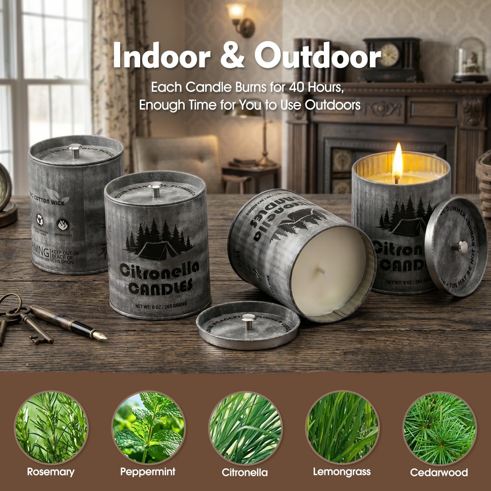 Set of 4 Citronella Candles, 9oz Each, Long-Lasting 40+ Hours, Smokeless Soy Wax4
