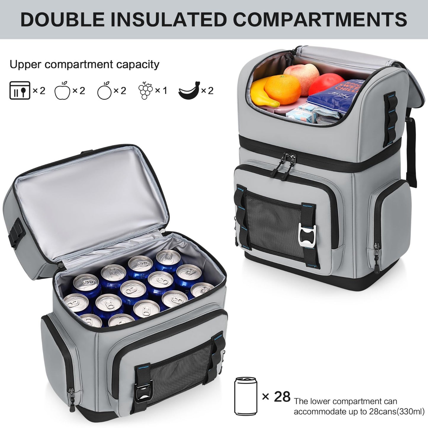Large Waterproof Insulated Cooler Backpack - Leak Proof, Double Decker, 26L, Ide3