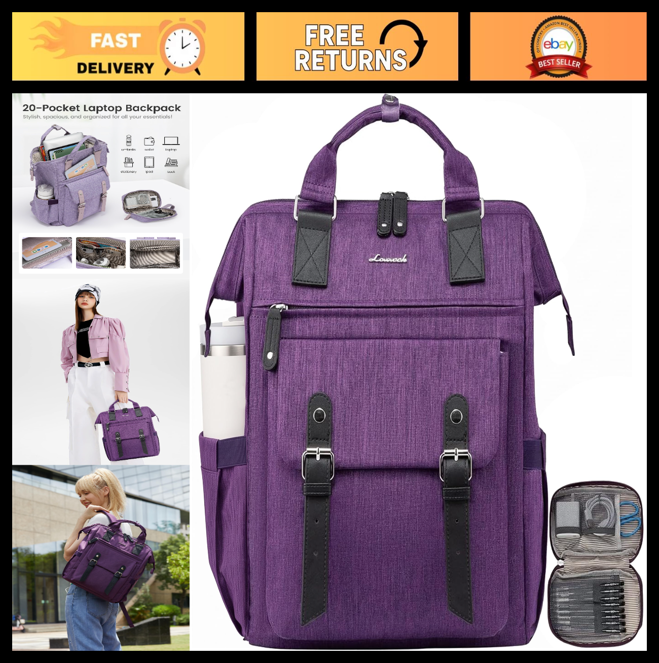 Stylish 15.6" Laptop Backpack for Women   Work, Travel, Teacher, Nurse Bag, Purp0