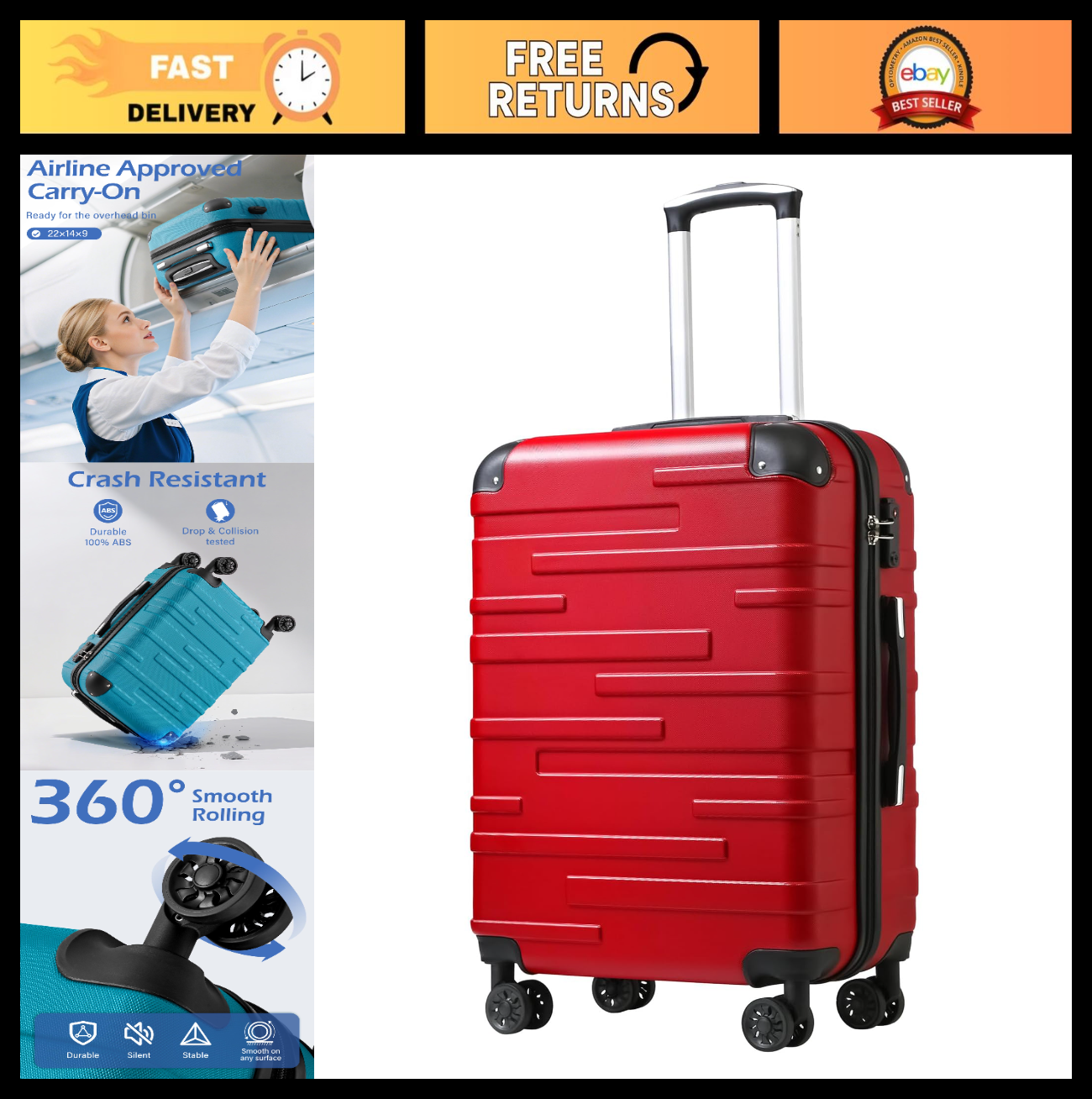 20" Hardside ABS Carry-On Luggage, TSA Lock, 360° Spinner Wheels, Scratch-Resist0