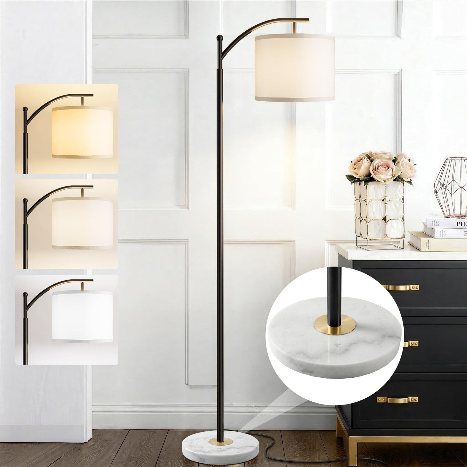 Modern Floor Lamp with Marble Base, Adjustable Linen Shade & 3 Color Temperature1