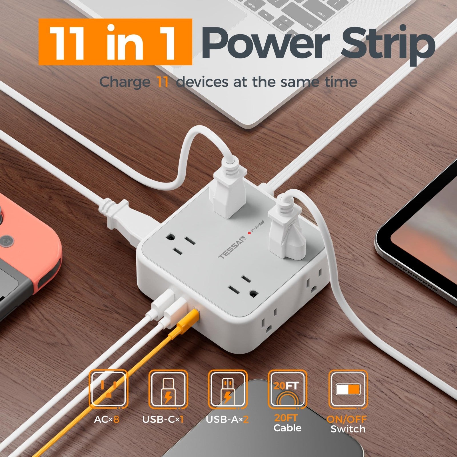 20 Ft Surge Protector Power Strip, 900J Surge Protection, 6 Outlets, Grey2