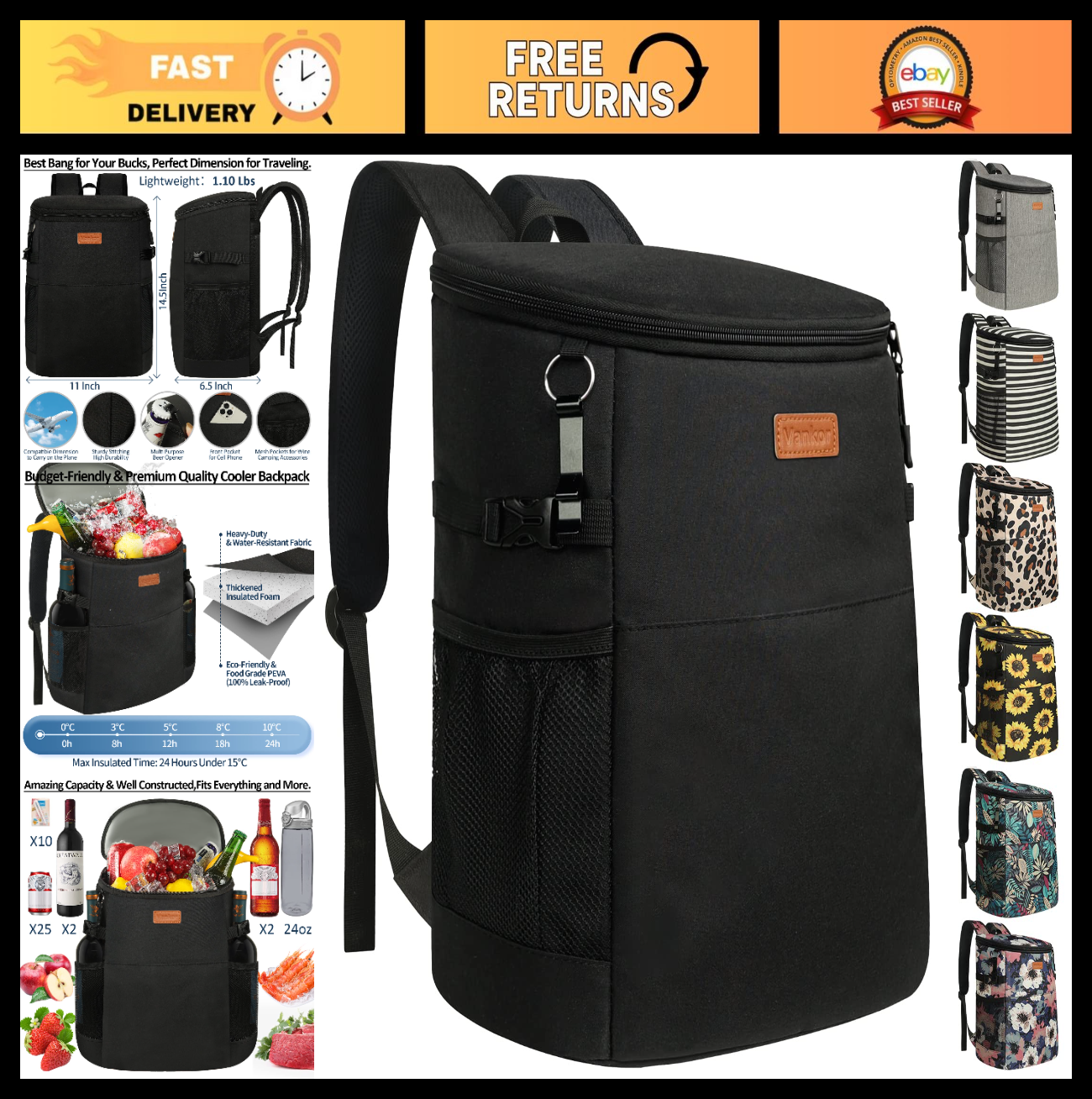Insulated Camping Cooler Backpack - Holds 30-45 Cans, Waterproof, Leak-Proof, Pe0