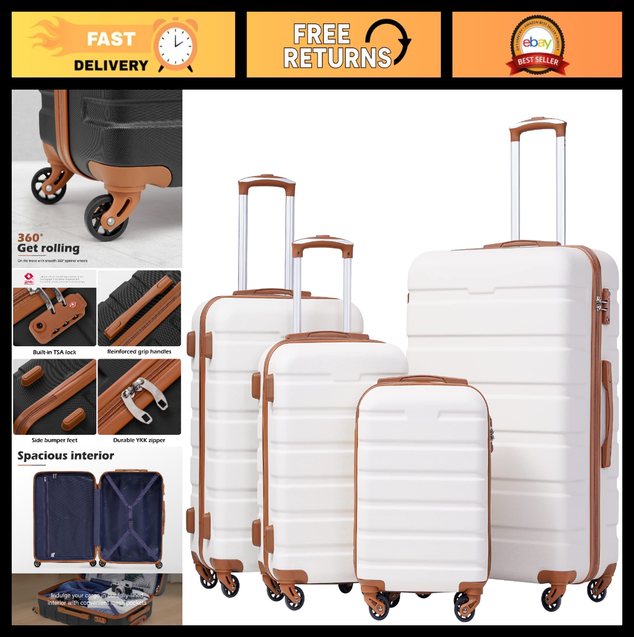 Lightweight 4-Piece Hardshell Luggage Set, 360° Spinner Wheels, TSA Lock, Family0