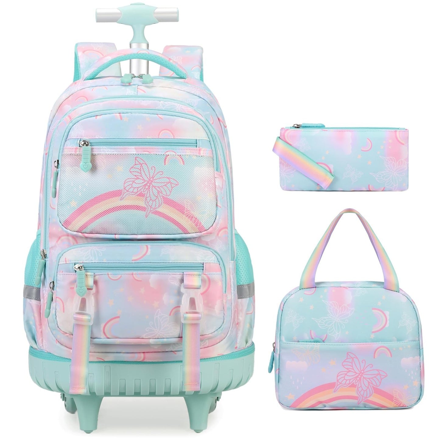 Rainbow Butterfly Rolling Backpack Set for Girls   3PCS with Lunch Box (Green)1