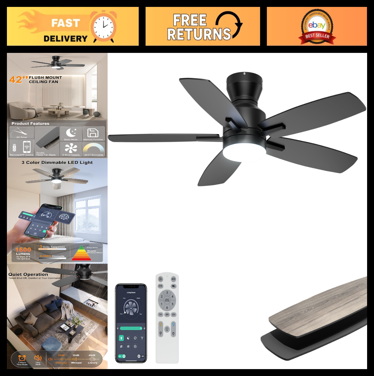 42" Low Profile Ceiling Fan with Lights, Remote/APP Control, Dimmable LED, Quiet0
