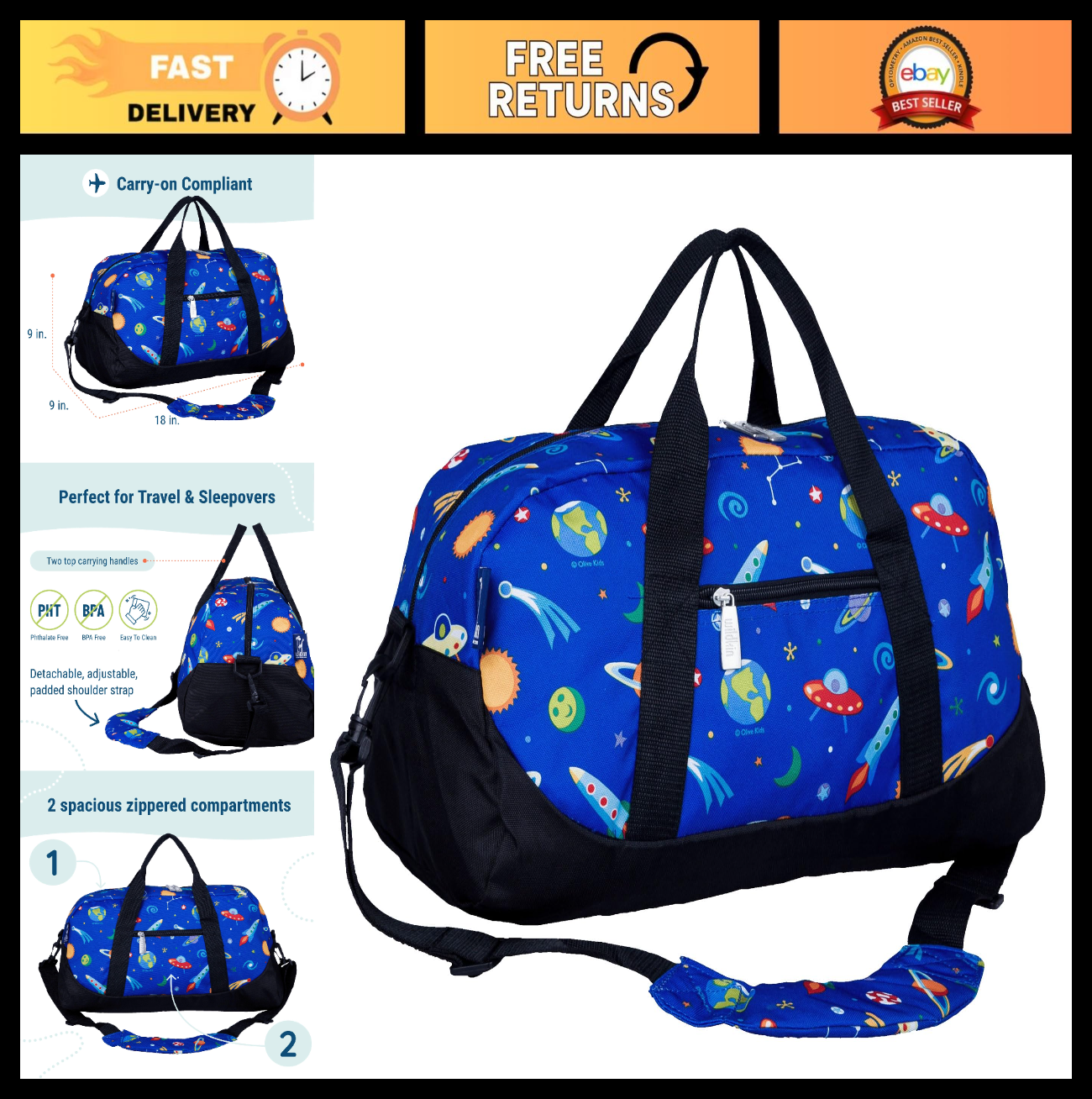 Kids Overnighter Duffel Bag - Lightweight Travel Bag for School & Sleepovers, Du0
