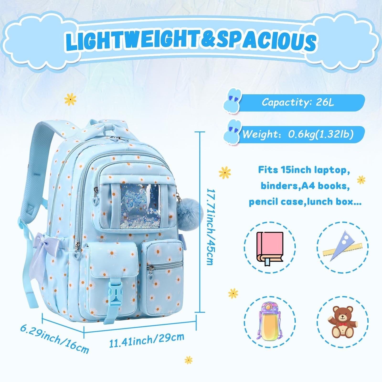 Girls School Backpack - Blue Daisy Book Bag for Elementary & Primary Kids3