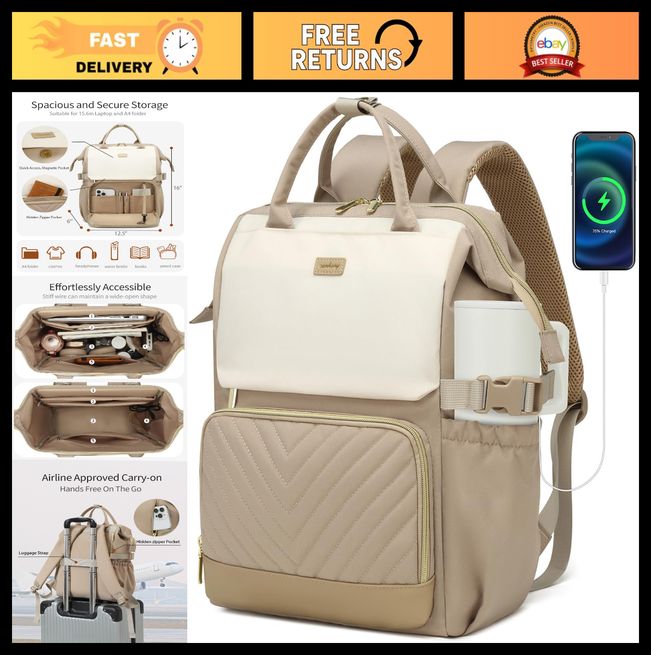 Stylish Laptop Backpack for Women, College Bookbag with USB Charger & Cup Holder0
