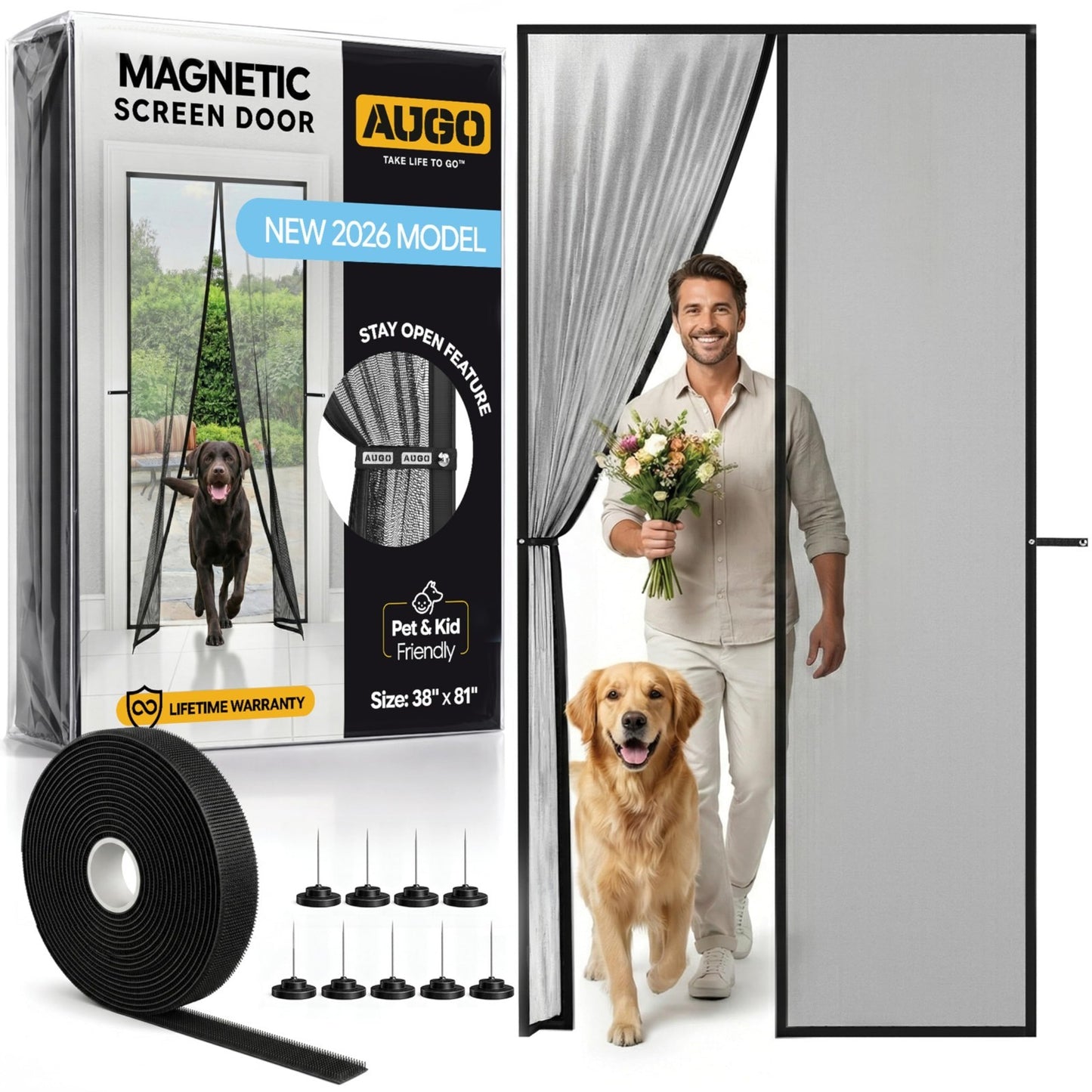 Magnetic Screen Door   Self Sealing, Heavy Duty Mesh, Hands Free Bug Barrier, 381