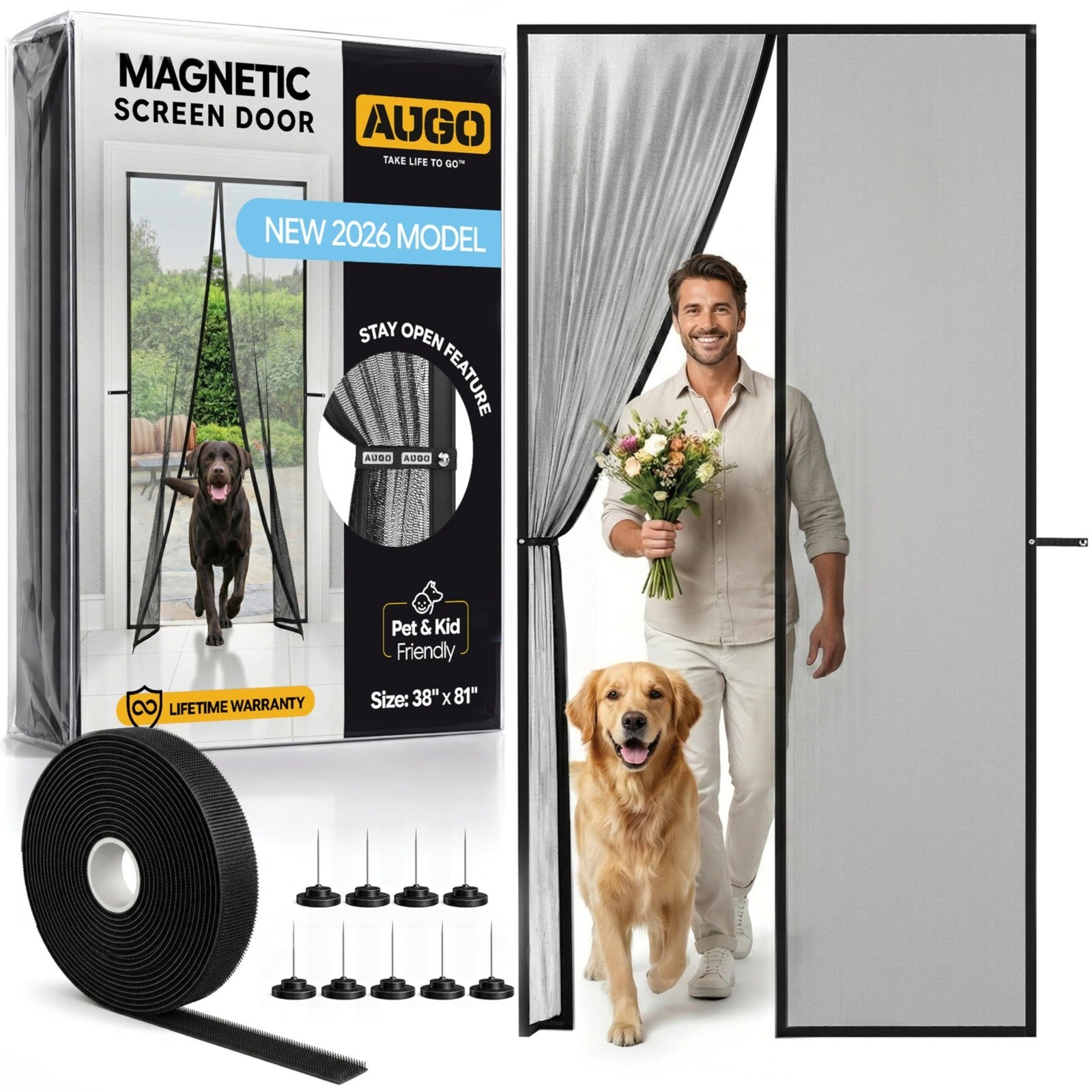 Magnetic Screen Door   Self Sealing, Heavy Duty Mesh, Hands Free Bug Barrier, 381