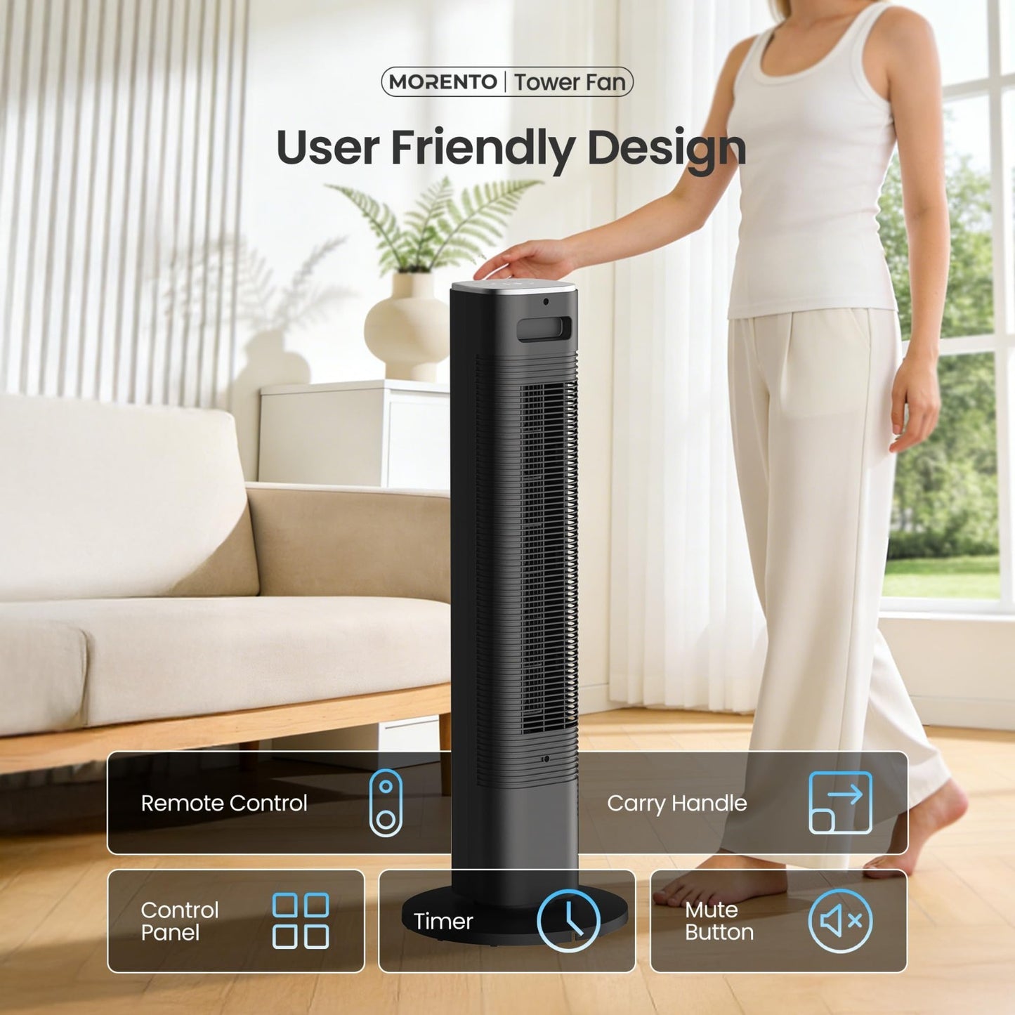 WiFi Smart Tower Fan 36"   Quiet 25dB, 4 Modes & Speeds, Remote, Oscillating, Ti6