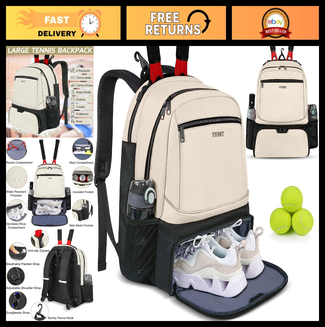 Insulated Tennis Backpack for Men & Women - 2 Rackets, Shoe Compartment, Durable0