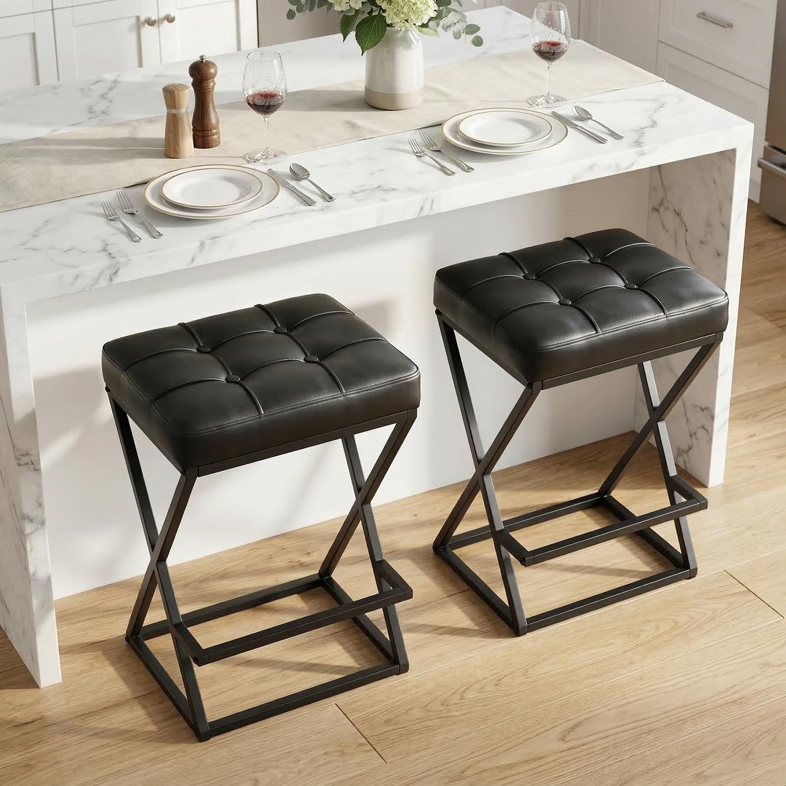 Set of 2 Backless 26" Counter Height Bar Stools, Faux Leather, Modern X-Frame Me6
