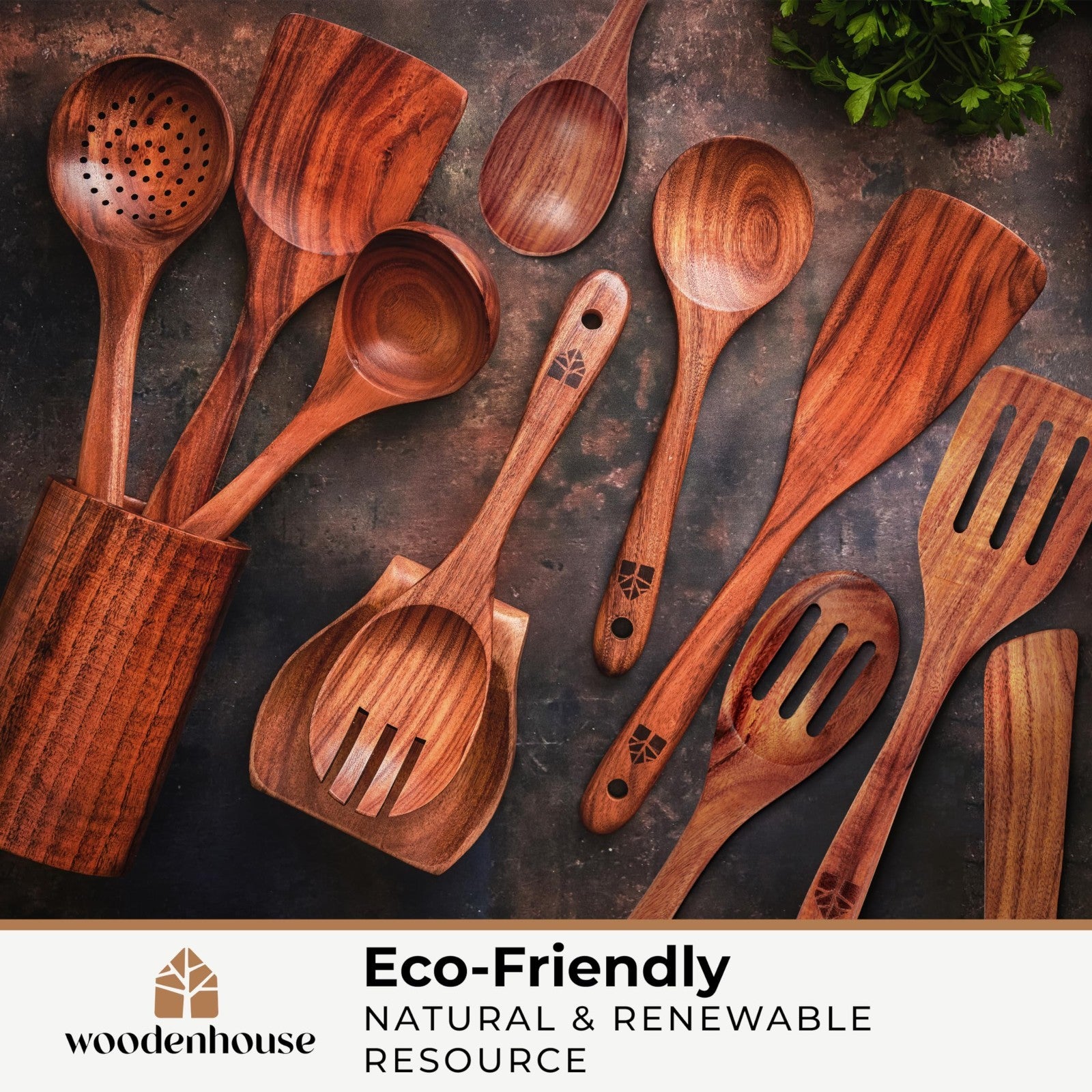 12 Pcs Wooden Cooking Spoons Set with Holder & Hooks | Heat Resistant, Nonstick6