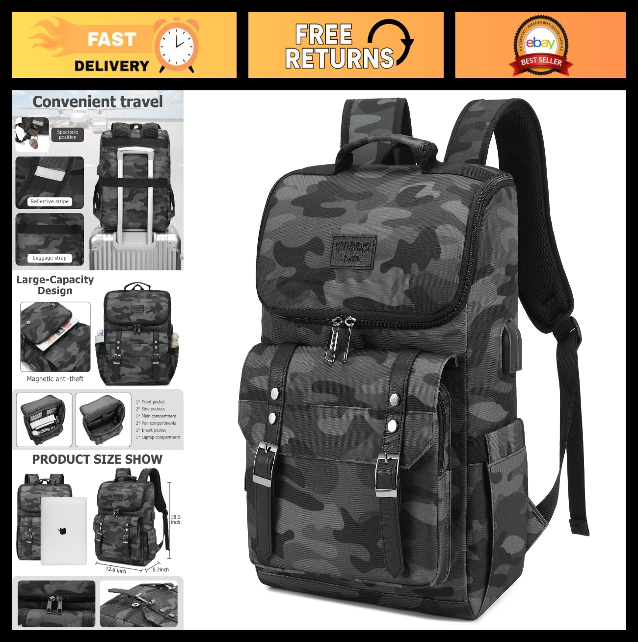 Vintage Travel Laptop Backpack with USB Charging Port - Fits 15.6" Laptop, Camou0