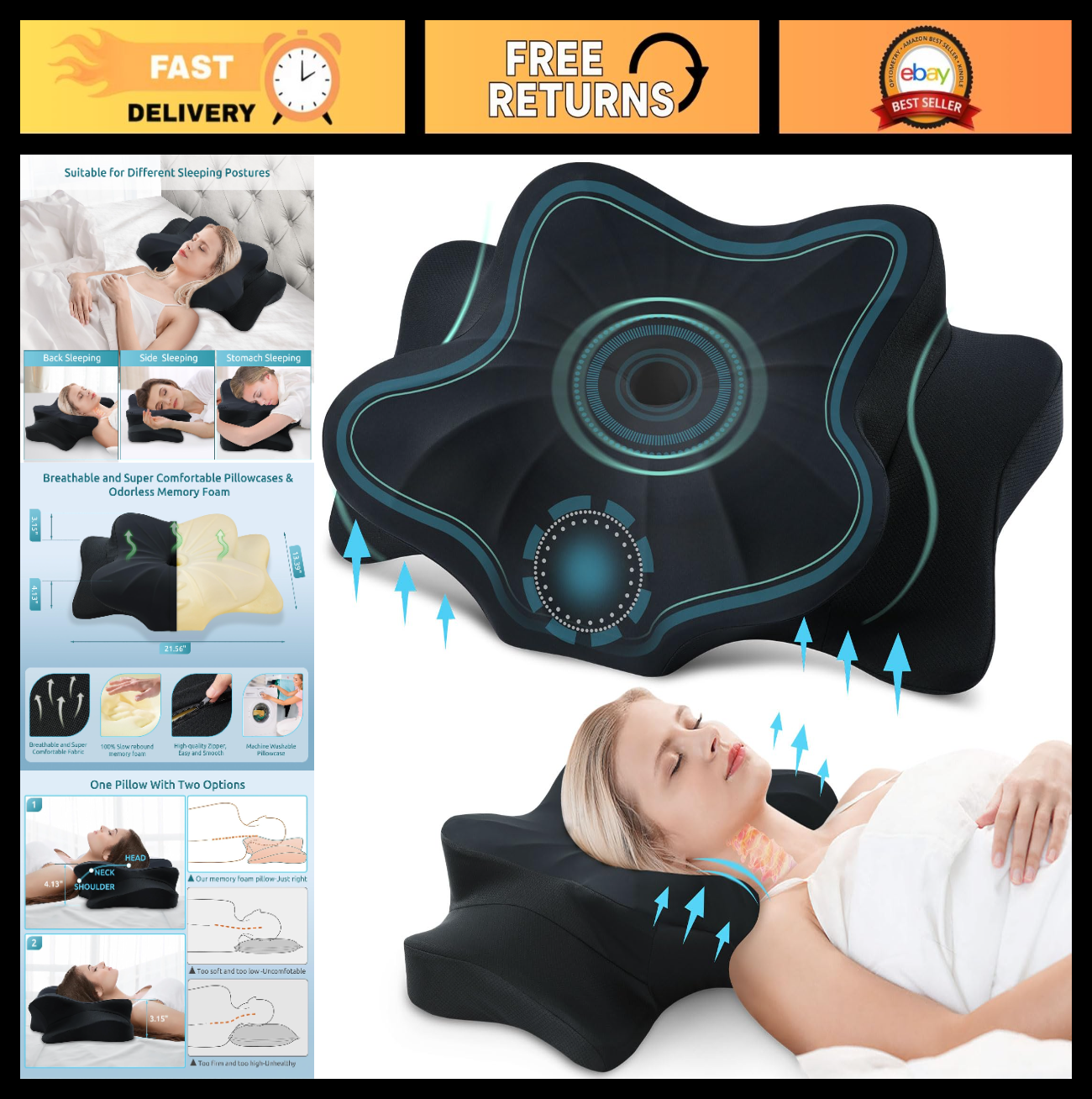 Cervical Memory Foam Pillow for Neck & Shoulder Pain Relief, Cooling Ergonomic S0