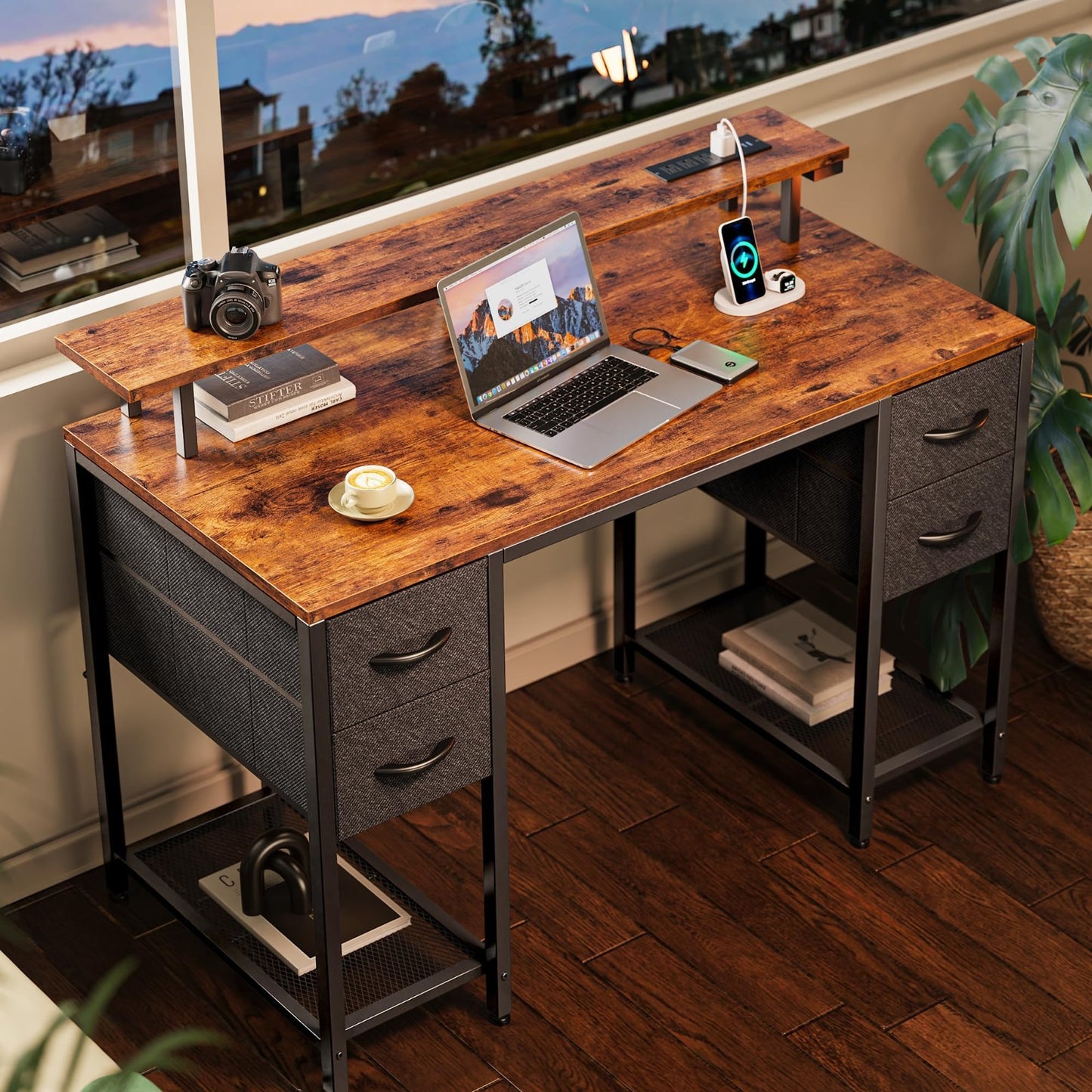 47-Inch Gaming Desk with LED Lights, Power Outlets & 4 Drawers - Rustic Home Off8