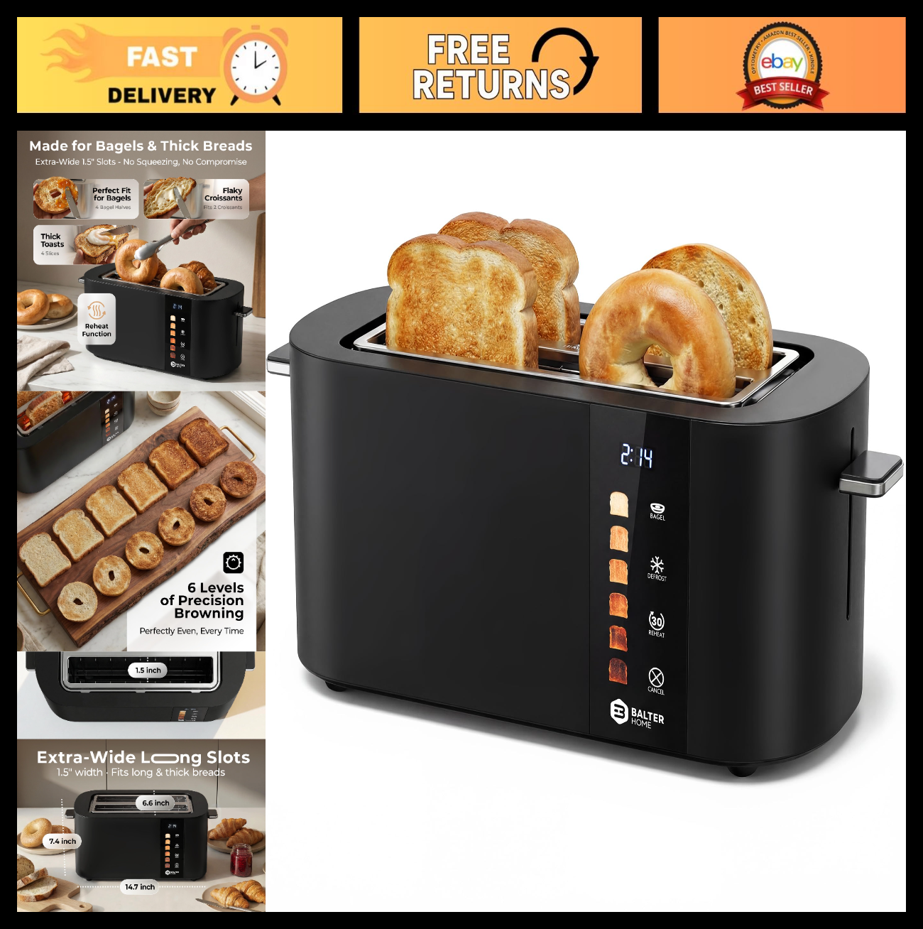4 Slice Wide Slot Toaster with Bagel Function, Touch Screen, Stainless Steel, Ex0