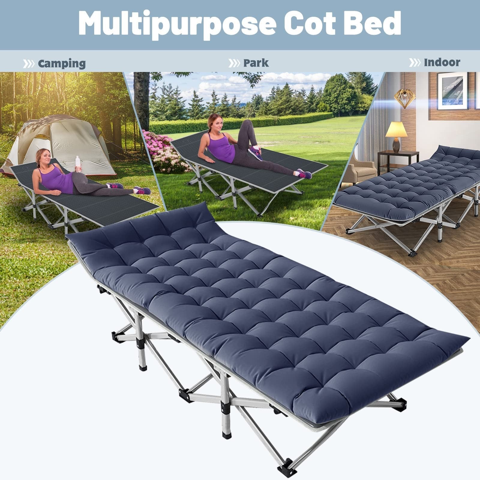 Folding Camping Cot for Adults, 28" Wide, 880lbs Capacity, Padded Mat & Carry Ba3