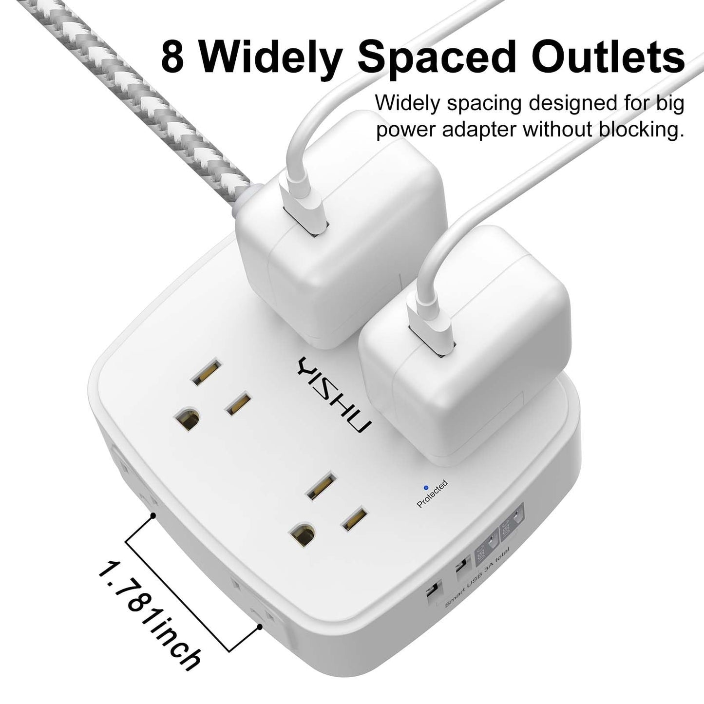 8 Outlet Surge Protector Power Strip with 4 USB Ports, 5Ft Braided Cord, Flat Pl3