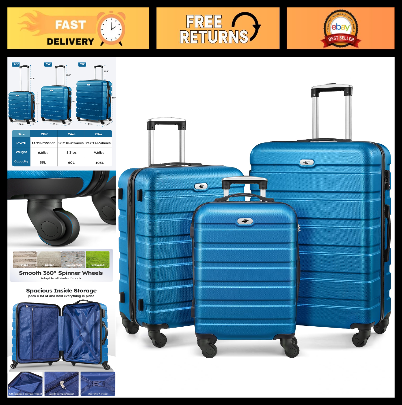 3 Piece Hard Shell Luggage Set with Spinner Wheels & TSA Lock - 20/24/28" Travel0