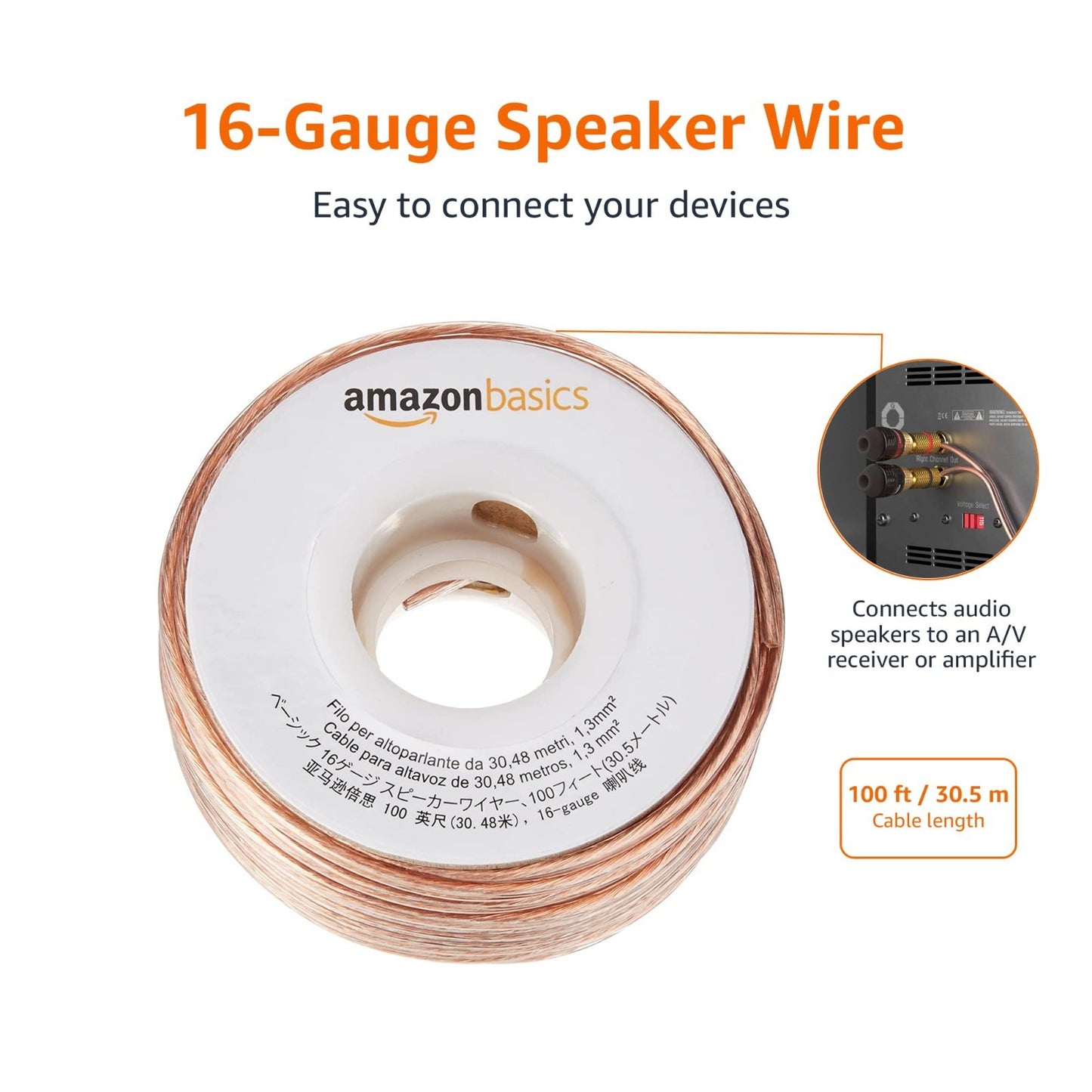 16 Gauge Speaker Wire Cable, 100ft, Polarity Marked, High Quality Audio Connecti2