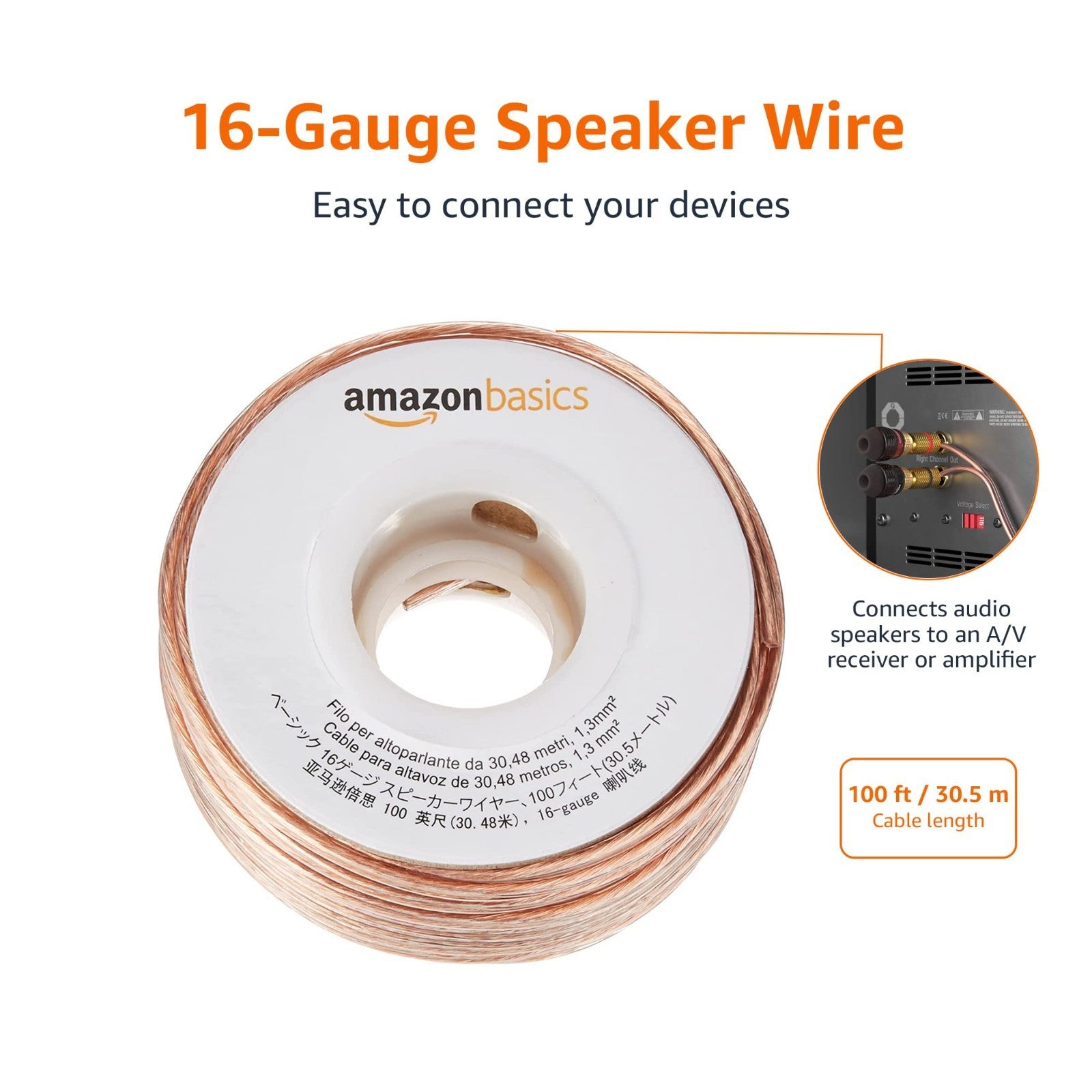 16 Gauge Speaker Wire Cable, 100ft, Polarity Marked, High Quality Audio Connecti2