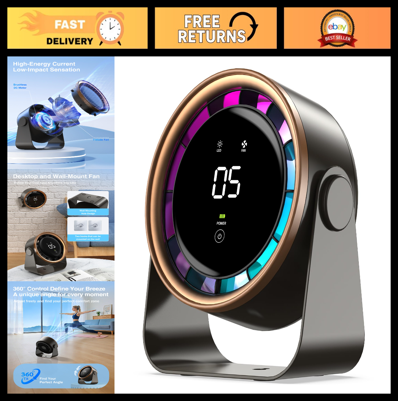 Ultra Quiet Small Desk Fan, Touch Control, Multi Speed Air Circulator, USB Recha0