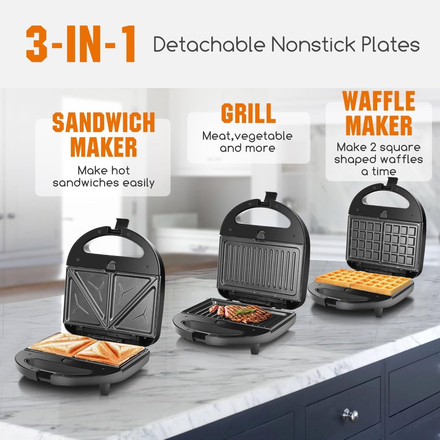 3-in-1 Electric Sandwich Maker & Panini Press with Non-Stick Plates, Waffle Make5